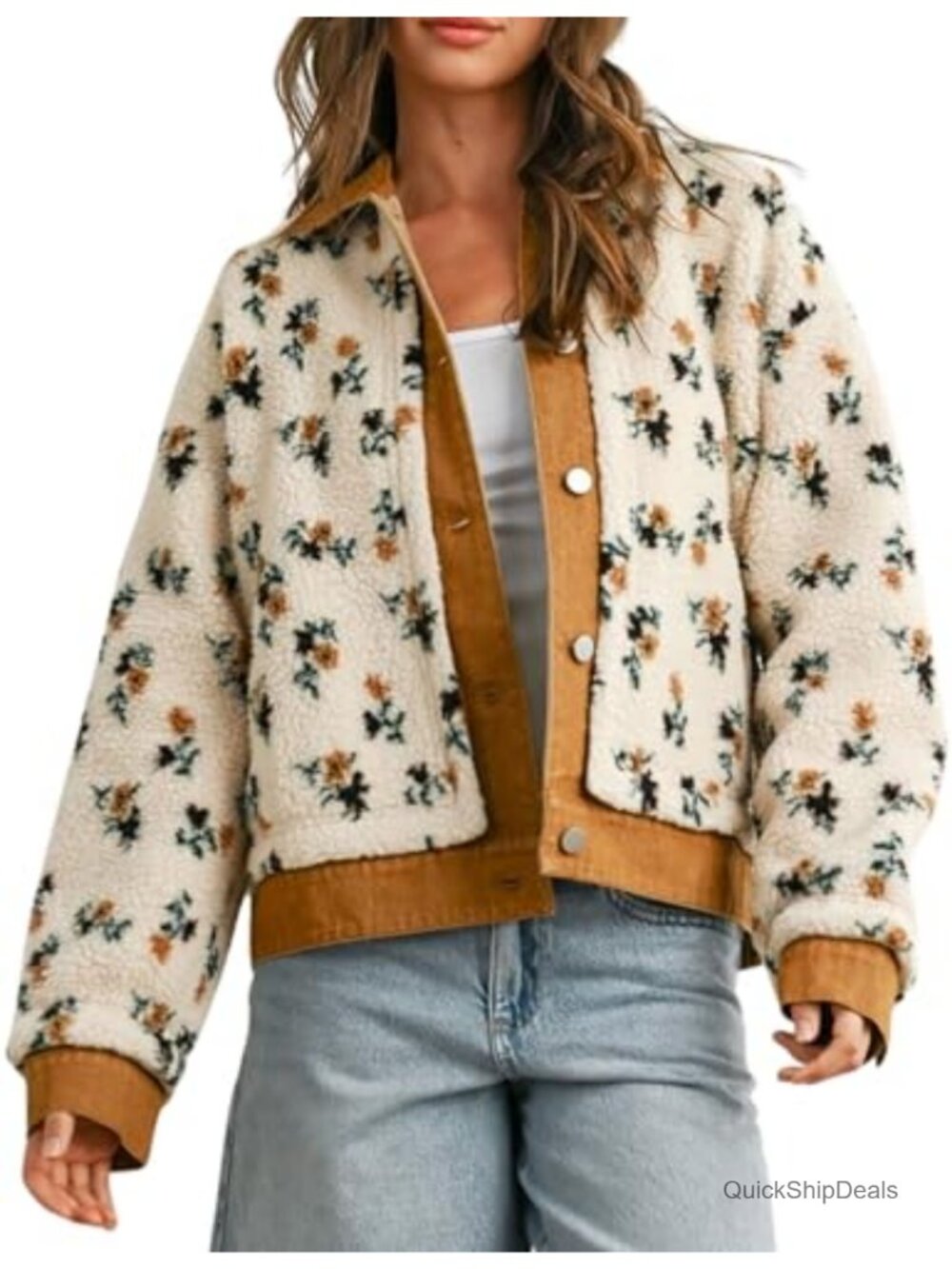 Women's Floral Sherpa Jacket Open Front Denim Collar Fleece Outerwear with